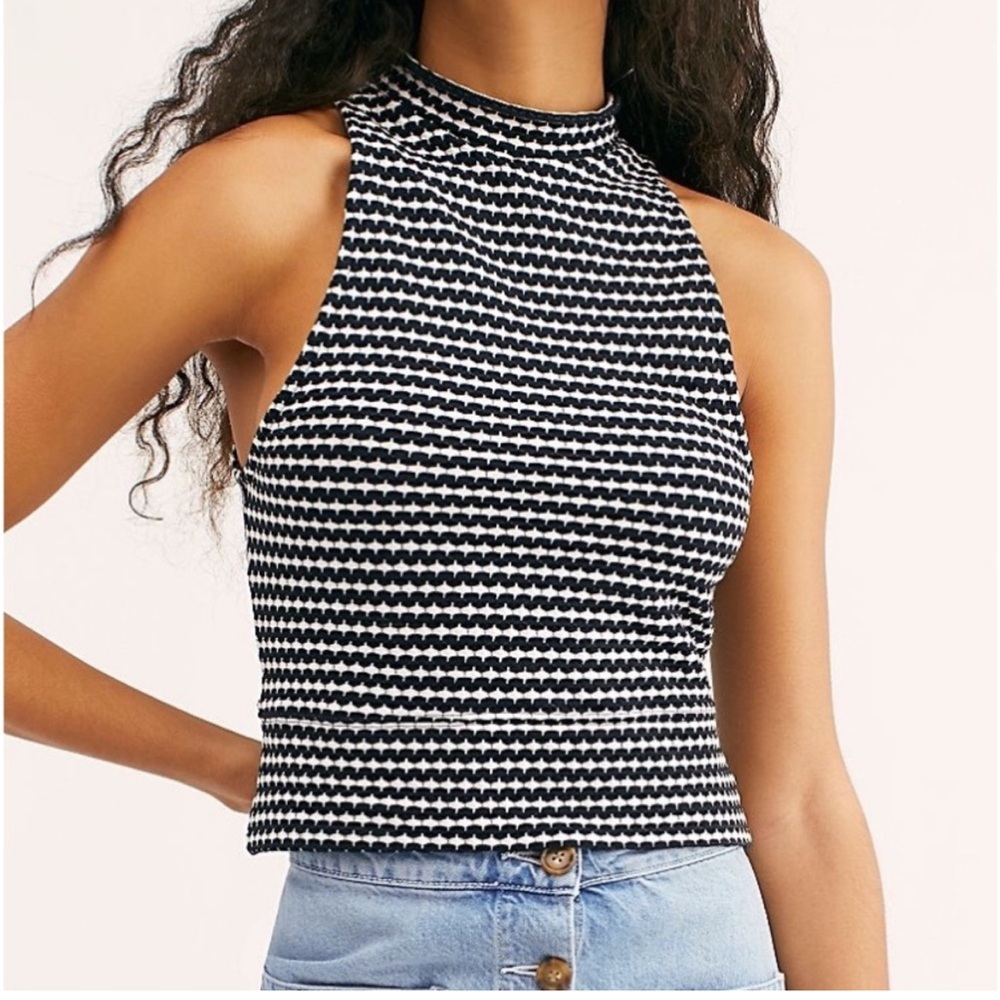 Free People Ruffle Mock Neck Textured Tank Top Black and White Women’s Small